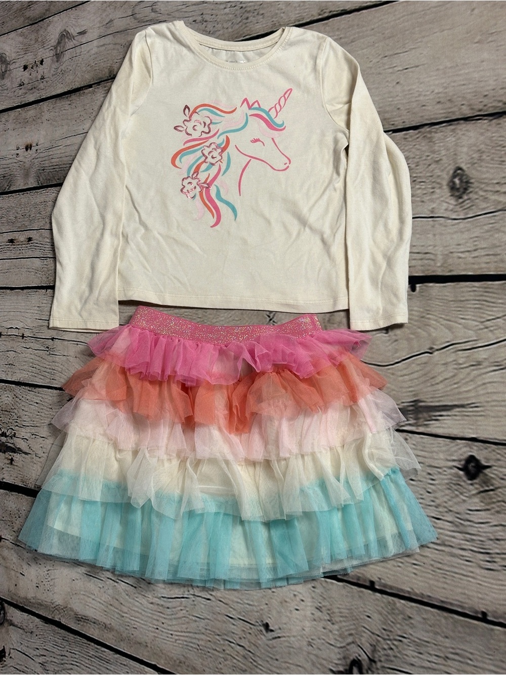 Girls Unicorn Graphic Top and Rainbow Tulle Skirt Set - White & Multicolor